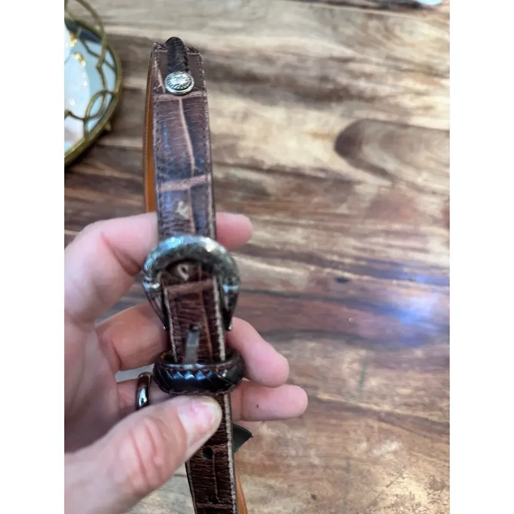 BRIGHTON Women's Brown Croc Embossed Silver Tone Decor Buckle Belt Size 36